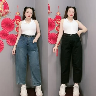 Quần Bò Bigsize Nữ,Quần Baggy Jean Nữ Lưng Cao Phong Cách, Quần Cạp Cao Vùa Phải Chất Bò Mịn Đẹp J8