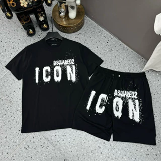 Bộ Đồ Nam Cộc Tay Mặc Hè Dsq2 In Chữ ICON Loang Vảy Sơn Ngực Hai Màu Đen Trắng Cotton Siêu Cấp Cho Các Boy Phố Đi Biển