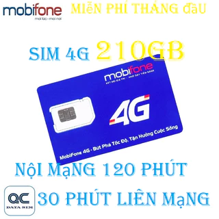 Sim 4G mobifone 210 GB 120 phút nội mạng 30 phút liên mạng miễn phí tháng đầu