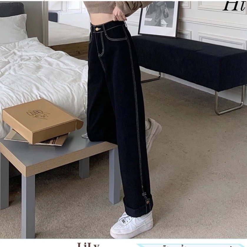 Quần dài kaki đen Xuông Chỉ Nổi Siêu Dễ Mix Đồ, quần Ống Suông Đi Học Đi Chơi Đều Hợp Thời Trang Nữ Sành Điệu