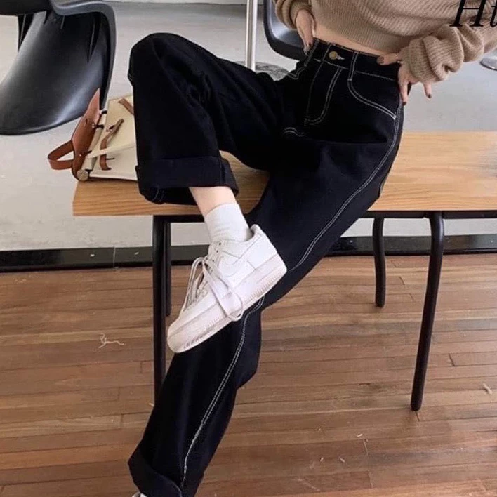 Quần dài kaki đen Xuông Chỉ Nổi Siêu Dễ Mix Đồ, quần Ống Suông Đi Học Đi Chơi Đều Hợp Thời Trang Nữ Sành Điệu