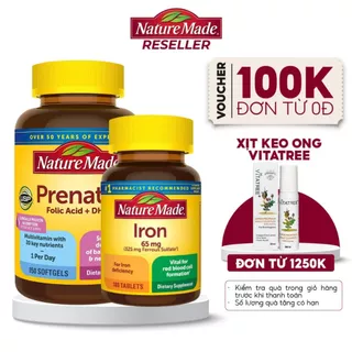 Combo cho mẹ bầu Nature Made Iron 65mg và Prenatal Folic Acid + DHA bổ sung máu và vitamin cần thiết cho mẹ và bé của Mỹ