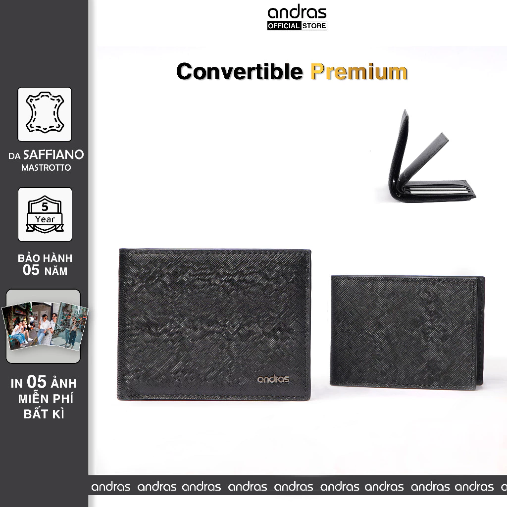 [Có Khắc Tên] Ví nam Convertible Premium ba lá gập đôi Tri-fold Andras Official Store da bò thật Saffiano - V18