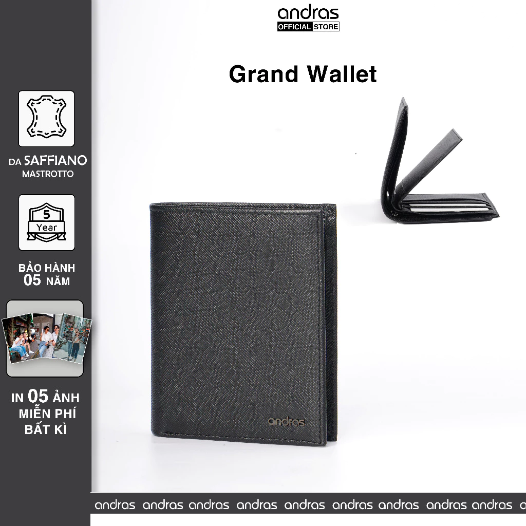 [Có Khắc Tên] Ví nam da Saffiano ba lá gập đôi Grand Wallet Andras Official Store, Bóp nam da thật cao cấp da thật -V12