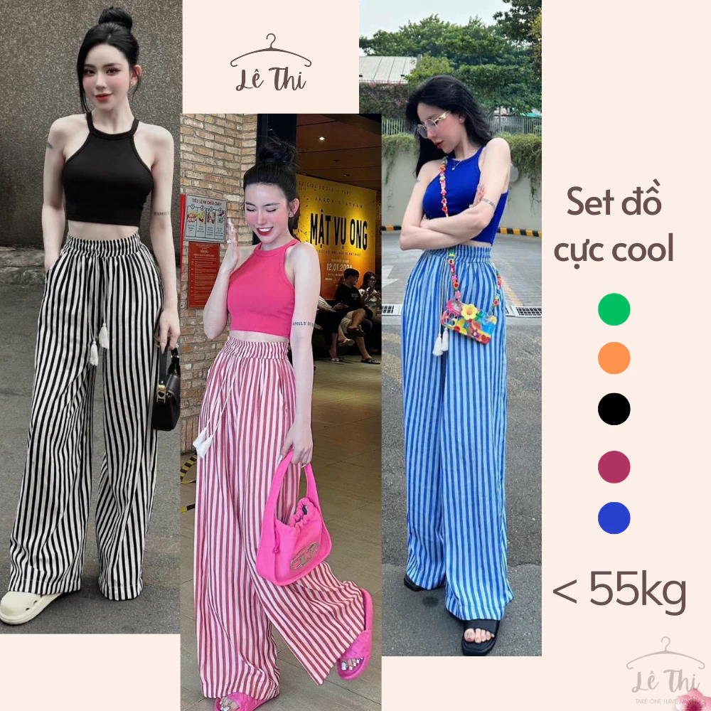 Set quần ống rộng áo croptop 3 lỗ phối sọc cực cool, set đồ nữ du lịch siêu hot|Lê Thi Clothing