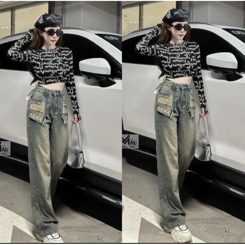 Quần Bò Jeans Nữ Ống Rộng Phối Túi Thêu Chữ KAKA, Quần Bò Denim Ống Rộng Suông Cạp Cao Hách Dáng
