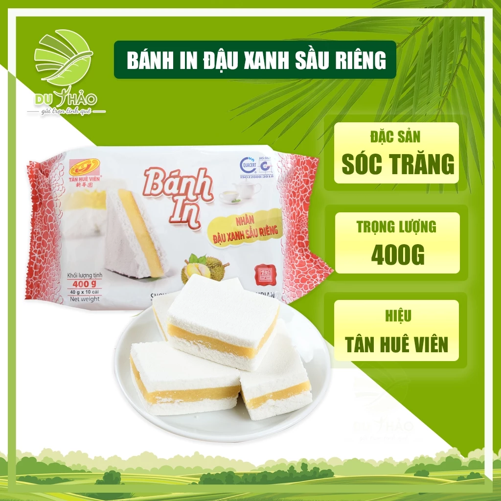 Bánh in đậu xanh sầu riêng 400g, bánh in Tân Huê Viên Sóc Trăng túi 10 bánh