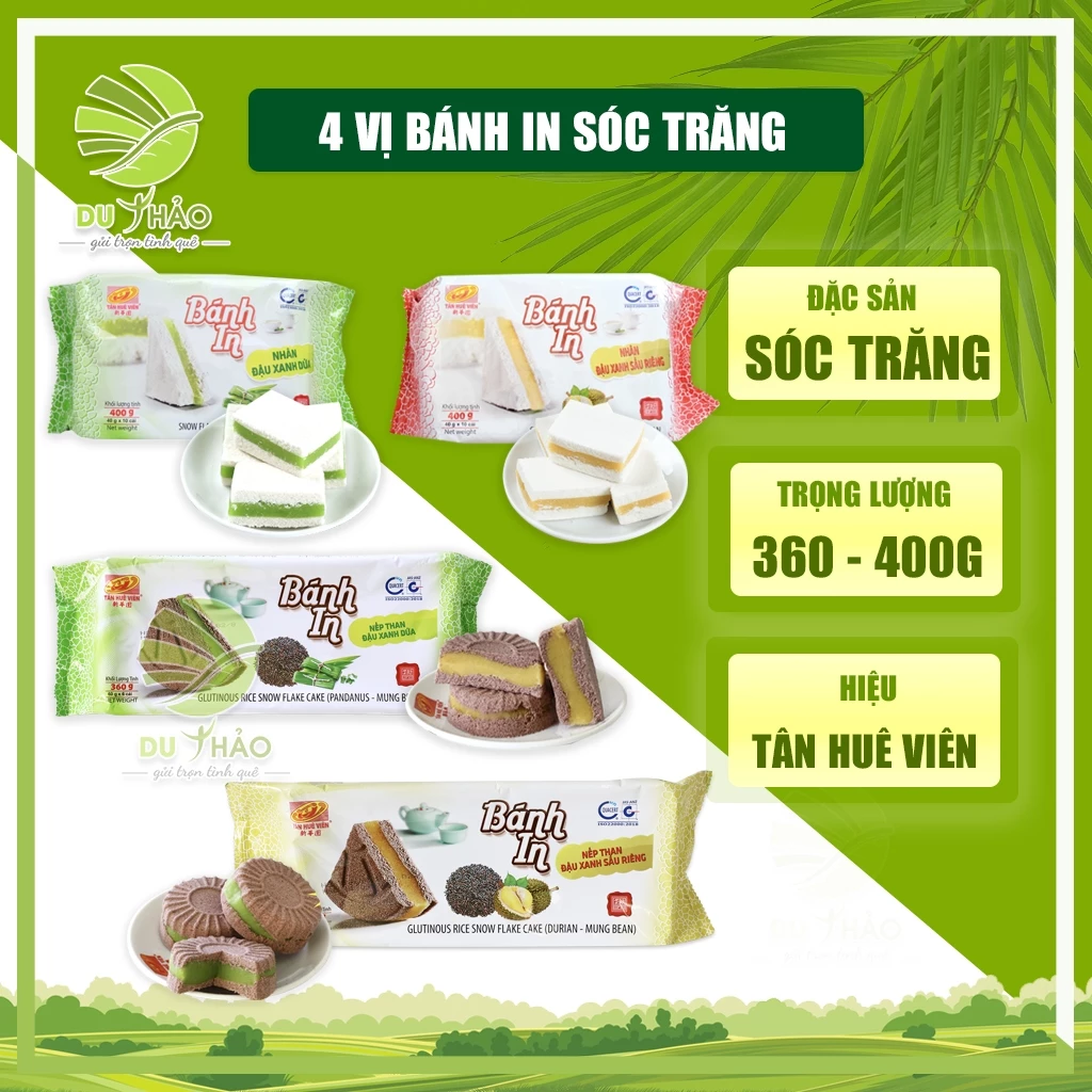 Bánh in Sóc Trăng Tân Huê Viên 4 vị, bánh in truyền thống, đậu xanh lá dứa, đậu xanh sầu riêng, hạn dùng 30 ngày