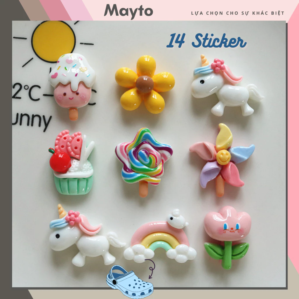 Bộ 14 Sticker, Charm 3D chủ đề chong chóng ngựa gắn Dép Sục, Cá Sấu Mayto JB-63