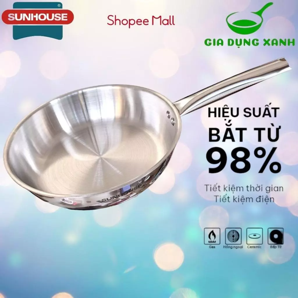 Chảo inox 304 đa lớp Sunhouse IN20M6 (CÁN INOX - inox 304) hoặc IN20M3 (CÁN NHỰA - Inox 430) dùng với mọi loại bếp