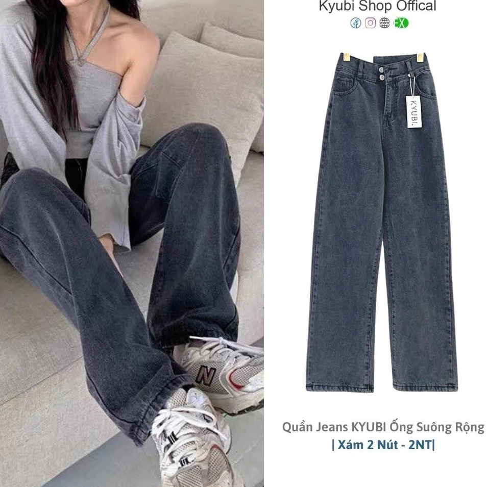 Quần Jean Nữ Ống Rộng Đen Xám Phong Cách Ulzzang School Cạp Xéo Phong Cách Styre 2024 RE35