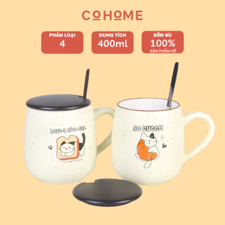 Cốc sứ uống nước hình mèo siêu dễ thương 400ml, ly sứ có nắp đậy kèm thìa uống cafe