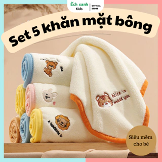 Set 5 khăn mặt bông cho bé siêu mềm mại thấm hút tốt Ếch Xanh Kids