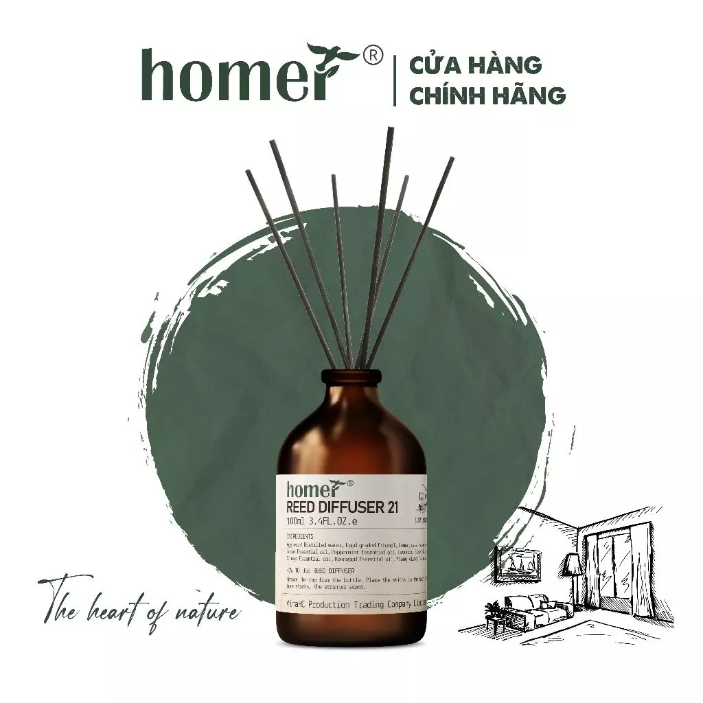 Tinh dầu thơm Phòng Khách khuếch tán dạng que gỗ thiên nhiên HOMER dung tích 100ml/250ml - Thơm suốt 600 giờ, khử mùi