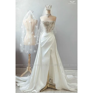[LUXURY 2022]  Váy cưới có dây rút trên lưng ôm dáng xẻ dài xẻ trước