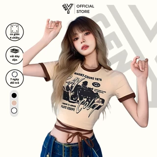 Áo croptop nữ in hoạ tiết phối dây eo GenY, Áo croptop ôm body ngắn tay khoét lưng siêu tôn eo C7C