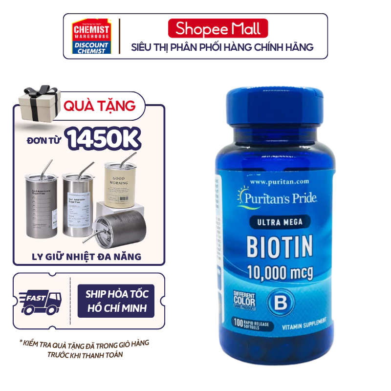 Viên uống giúp mọc tóc, giảm rụng tóc Puritan's Pride Ultra Mega Biotin 10000 mcg 100 viên của Mỹ