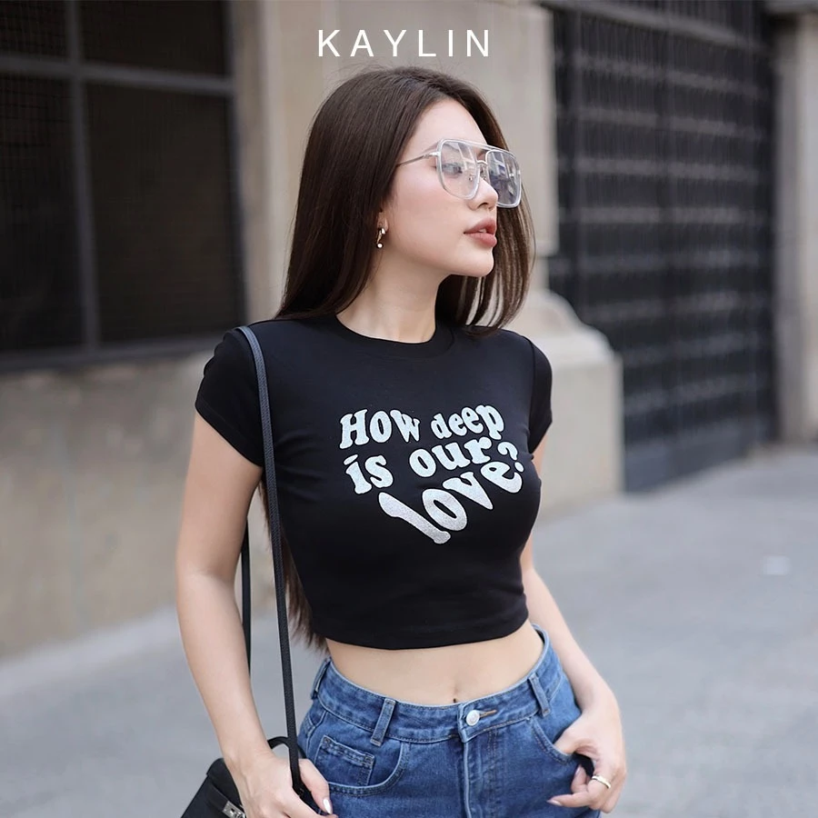 Áo thun KAYLIN form Croptop in chữ lắp lánh chất vải cotton co giản phong cách N2107