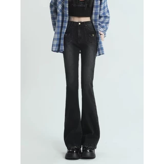[N58] Quần jeans ống loe lưng cao màu đen xám cho nữ Xuân thu 2024 phong cách mới nhỏ nhắn