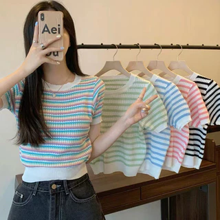 Áo thun dệt kim croptop nữ tay ngắn cổ tròn kiểu kẻ sọc ngũ sắc len mongtoghi thiết kế Quảng Châu cao cấp