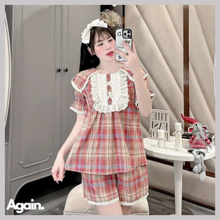 Bộ Pyjama Mùa Hè Dáng Ngắn Tiểu Thư Phối Ren Vai Chất Caro Nhung Xinh Xắn