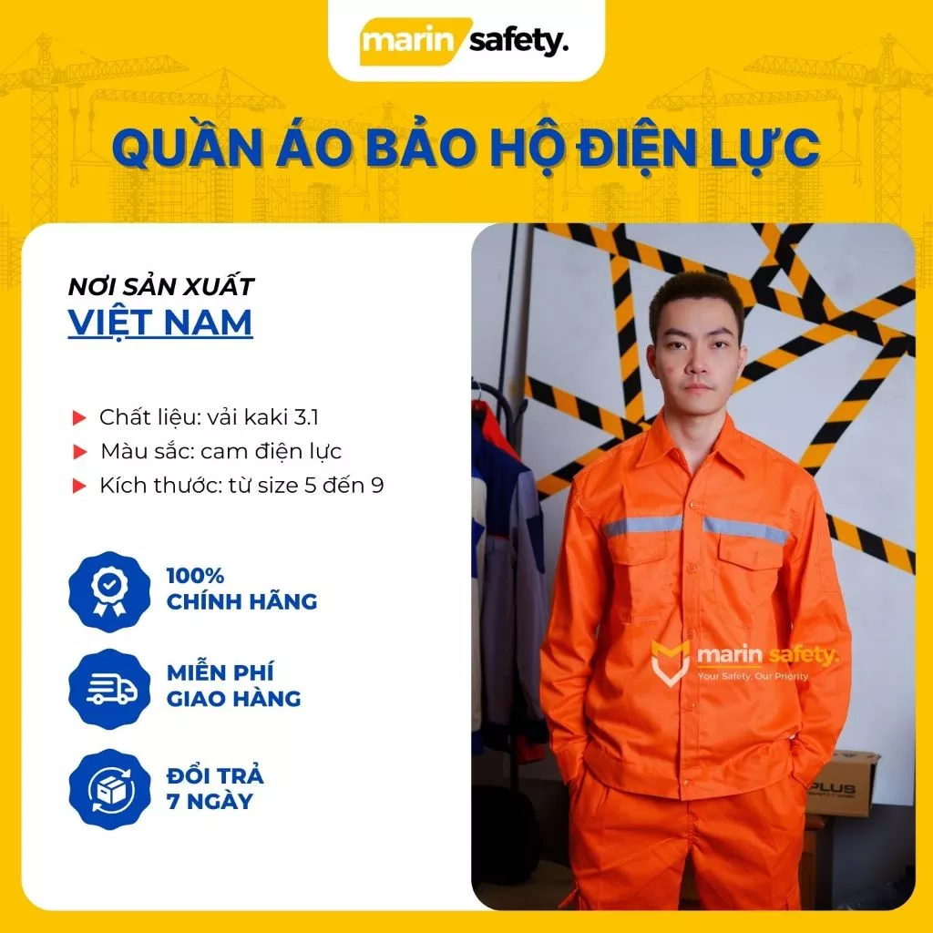 Quần áo bảo hộ lao động chất liệu kaki 3/1 điện lực DL31 màu cam phối phản quang - Marin Safety