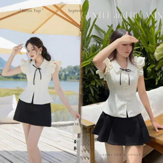 Set áo peplum phối dây nơ mix chân váy xoè tiểu thư