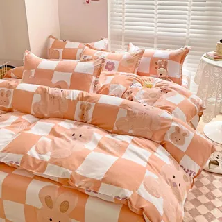 Bộ chăn ga gối cotton poly 4 món nhập khẩu mẫu kẻ Hàn Quốc - Happy Bedding