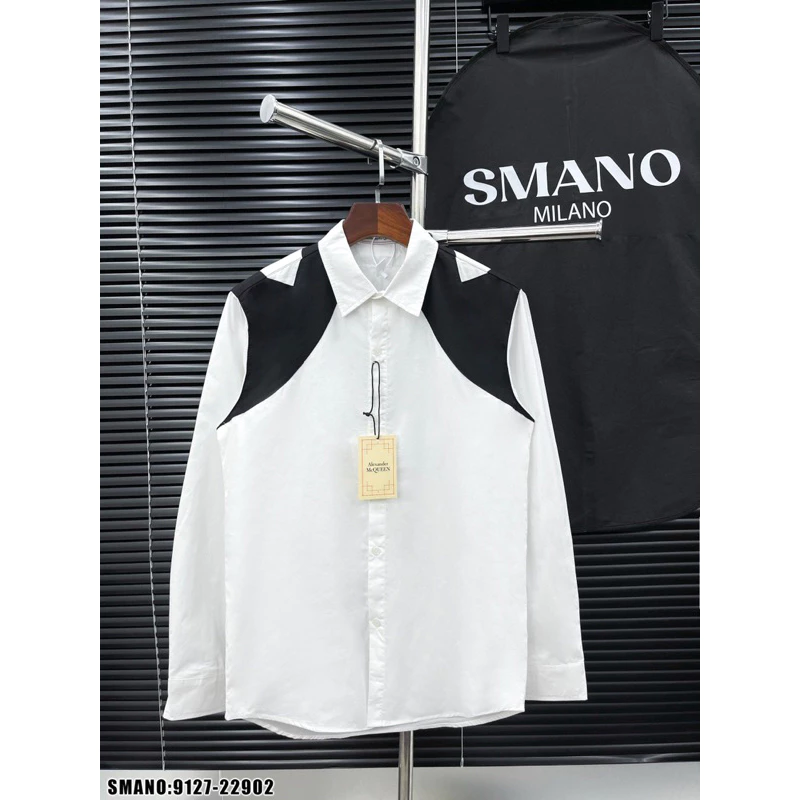Áo Sơ Mi Hưởng Đá Dài Tay Chất Không Nhăn Phối Vạt Vai Đen Alexander McQueen Phong Cách Hàn Quốc Form Slim Fit Hot 2024