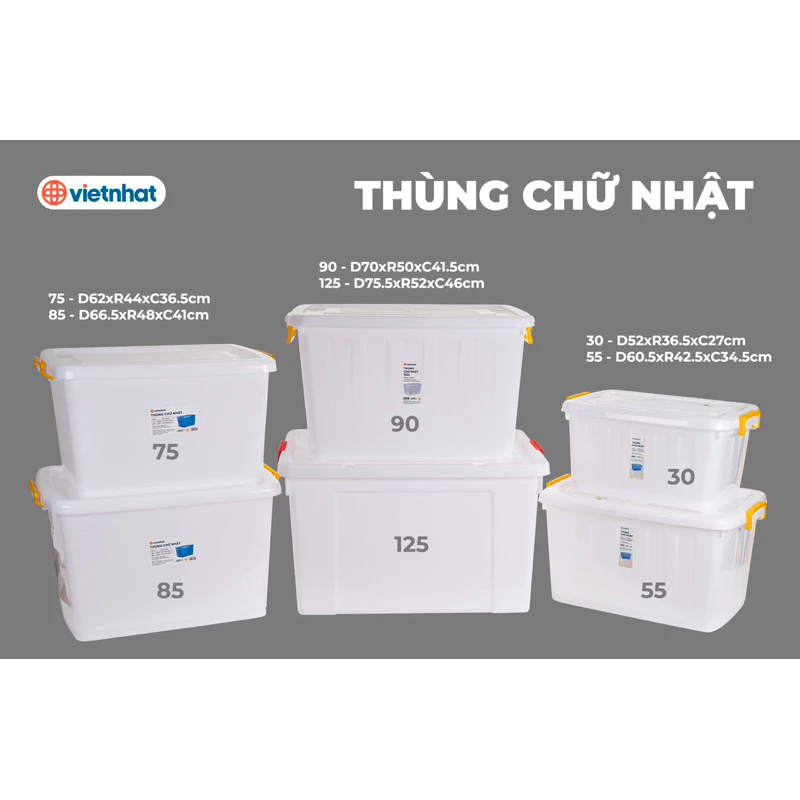 Thùng Nhựa Có Bánh Xe Việt Nhật Các Cỡ 90L(70x50x41), Thùng 125L (75x52x46cm)