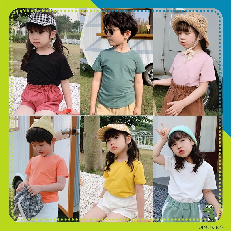 Áo thun trơn cho bé trai bé gái DINOKING Áo phông trẻ em basic một màu cổ tròn ngắn tay chất cotton mùa hè 2-8 tuổi AT29