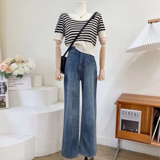 Quần jeans Nữ Lưng Cao Ống Suông Thiết Kế Túi Phong Cách Basic Women