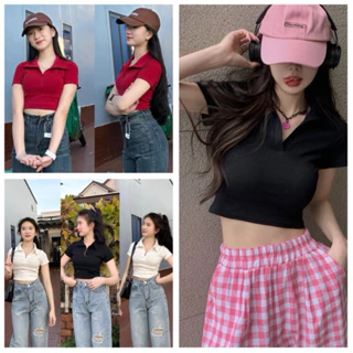 Áo Croptop Polo Nữ Có Cổ, Chất Thun Bozip Co Giãn Kiểu Dáng Ôm Hot Hit