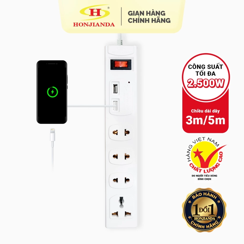 Ổ cắm điện đa năng Có USB Honjianda Mã 01 - công tắc Reset an toàn chống quá tải