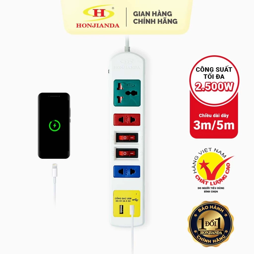 Ổ Cắm Điện Đa Năng có USB Honjianda Mã 03 Loại 2 công tắc Dây 3m - an toàn chống quá tải