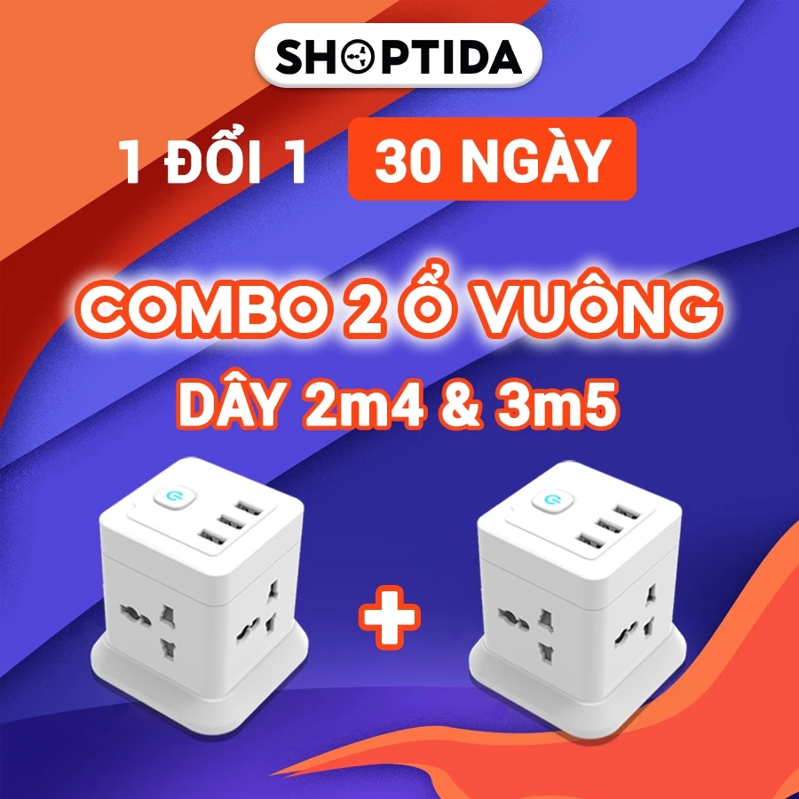 Combo 2 Ổ điện dây dài CubeZ Shoptida 3 cổng USB sạc tối đa 12W và 4 Ổ Điện chịu tải 2500W