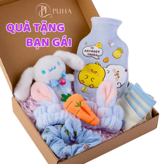 Set quà tặng túi chườm nóng lạnh đa năng sưởi ấm giữ nhiệt giảm đau bụng Puha 350ml màu xanh