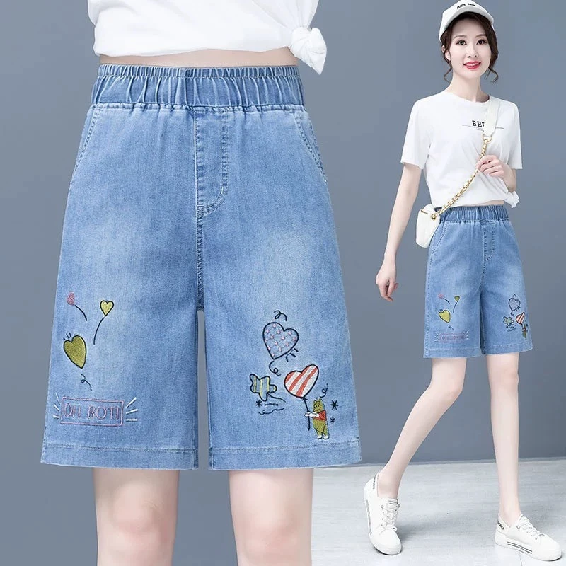 Quần ngố lửng nữ vải denim Tencel ngố thêu gấu  ống xuông rộng cho nữ_Quần áo Huyền Anh [M10]