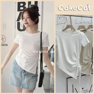 Áo Thun Cotton Rút Dây Eo Kèm Đệm Vai Co Giãn Thoải Mái Áo Phông Trơn Vạt Chéo Cakecat