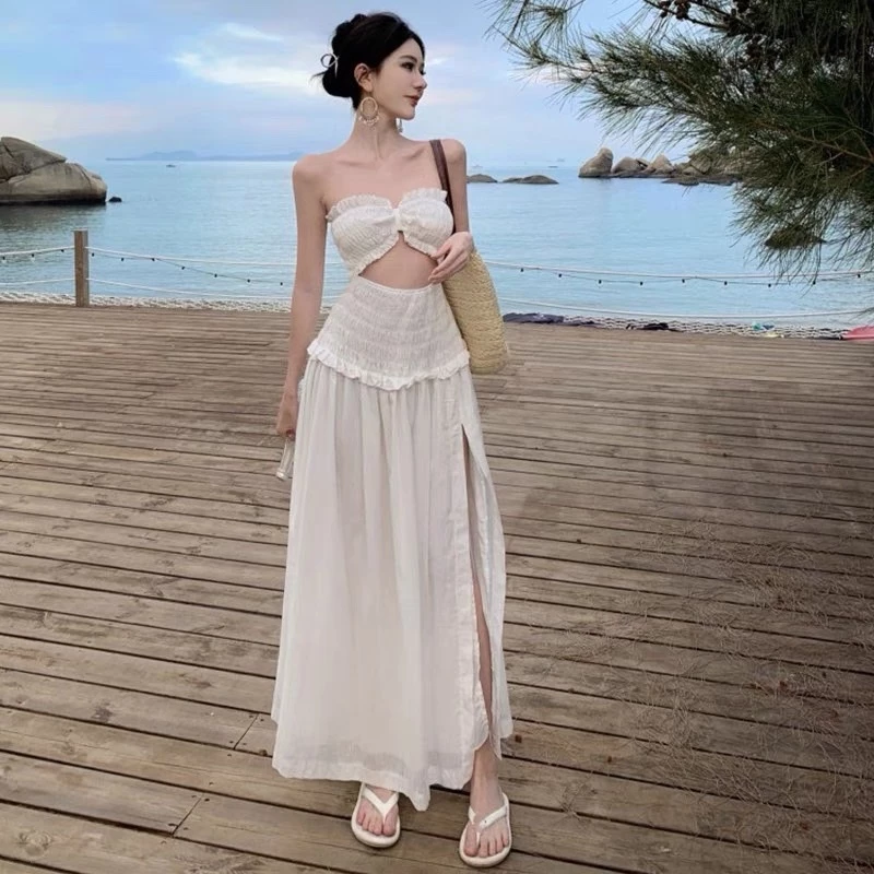 Váy trắng đi biển, Đầm Trắng Thiết Kế Cúp Ngực Xẻ Tà Phom Chữ A Xòe Maxi Cho Nàng Đi Biển, Đi Tiệc SangCharnhh- MP