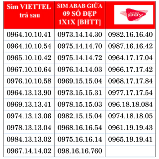 Sim Viettel Trả sau Số đẹp 09, dạng số ABAB chính chủ uy tín, Sim 1X1X cực đẹp