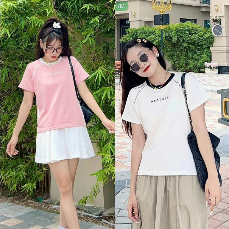 Áo thun babytee cổ tròn chạy sọc phối màu in chữ WEATHER nổi sịn sò cá tính Maia Aothun9051 P3K7