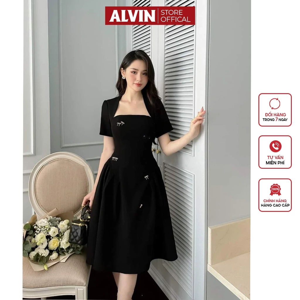 Đầm Dự Tiệc Dáng Xòe Cúp Tay Con Kèm Nơ Đá Sang Trọng Alvin Store 1605