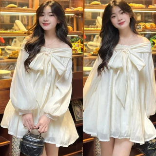 Váy babydoll trễ vai nữ thắt nơ tay bồng xòe tiểu thư sang chảnh đi chơi di dự tiệc