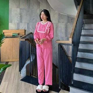 Bộ đồ Pijama nữ P44 tay dài quần dài cổ bèo phối ren xinh xắn