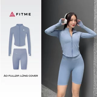 Bộ đồ tập gym yoga Fitme Cover23 áo khoác fullzip xám xanh quần biker phối xéo xám xanh