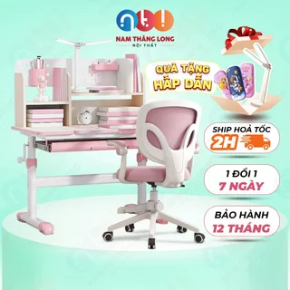 Bộ bàn ghế học sinh tiểu học E6, Bàn học + ghế tăng giảm chiều cao F7, có giá sách, tặng kèm đèn led tiện dụng