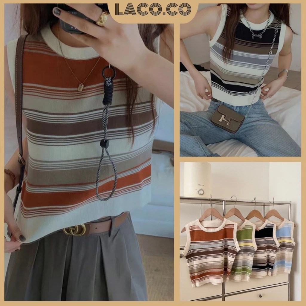 Áo len nhẹ ba lỗ sát nách croptop kẻ ngang nhiều màu LACO148