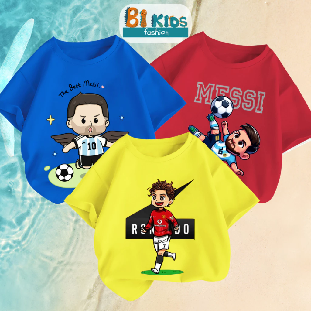 Áo đá bóng cho bé trai, Áo thun bé trai 100% cotton tự nhiên họa tiết Ronaldo, Messi Bi Kids S65