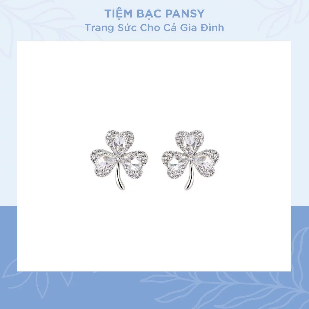 Khuyên tai bạc nữ PANSY hình cỏ 3 lá nạm đá lấp lánh - Bông tai nữ bạc ta cao cấp